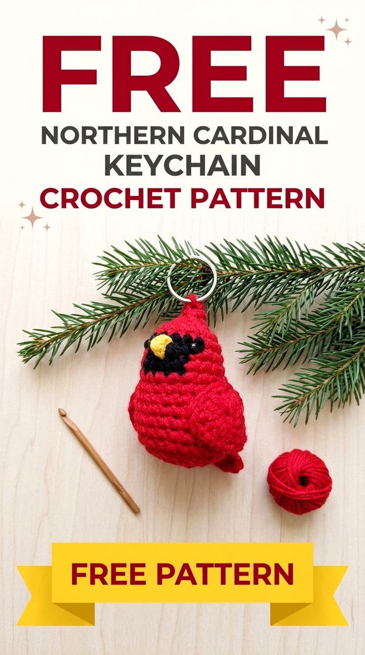 Free Northern Cardinal Keychain Crochet Pattern Modern Retro Boho Style
