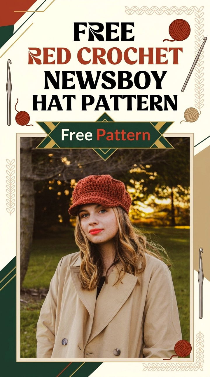 Free Red Crochet Newsboy Hat Pattern Modern Retro Boho Style
