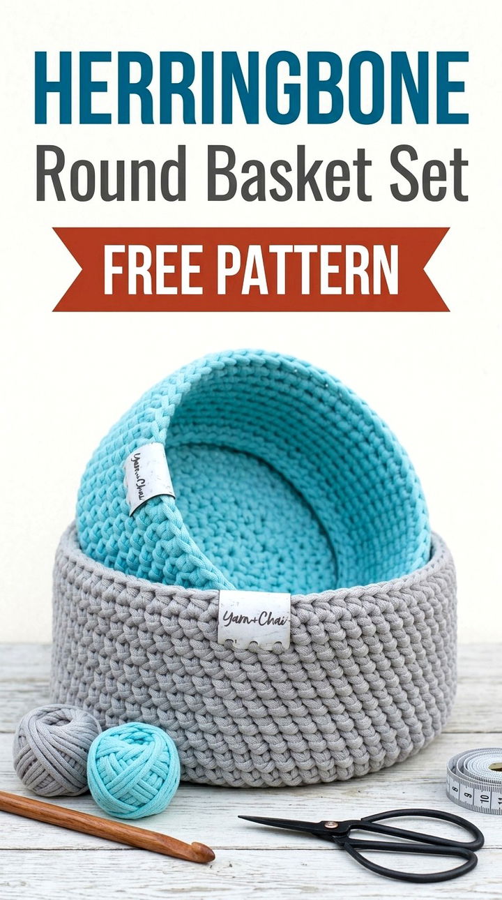 Herringbone Round Basket Set Vibrant Retro Chic Textured Storage Solutions