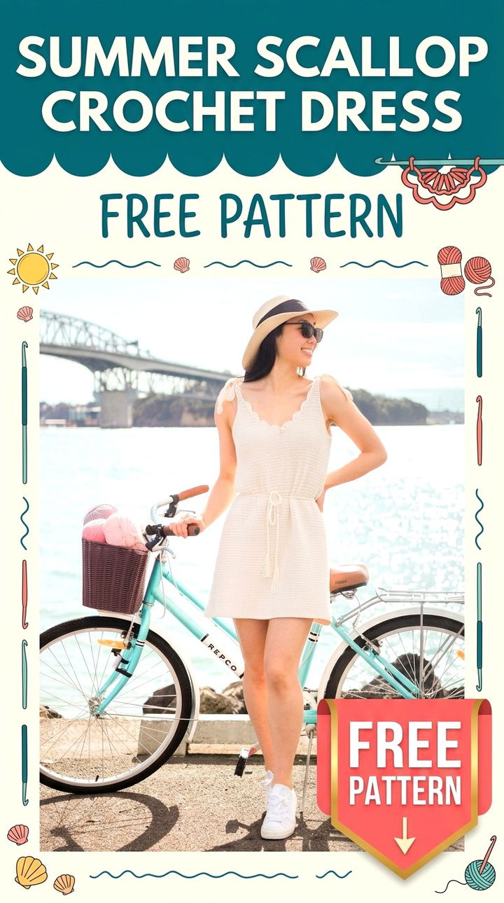 Summer Scallop Crochet Dress Vibrant Retro Chic Bohemian Styling Accent