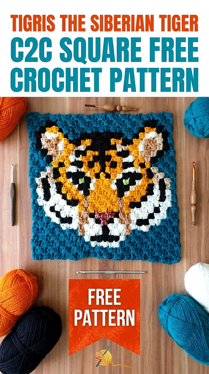Tigris the Siberian Tiger C2C Square Free Crochet Pattern Vibrant Retro Chic Blanket Accent