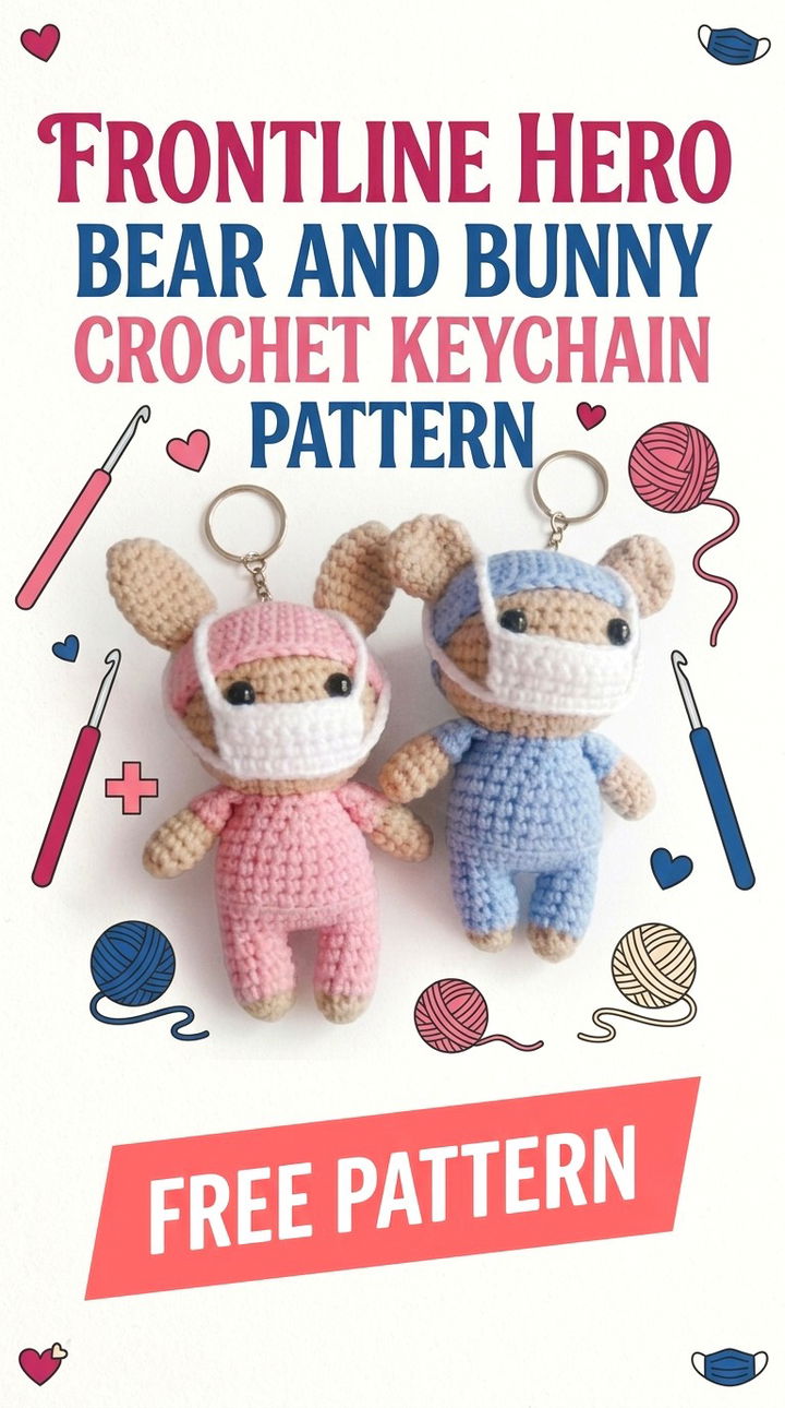 Frontline Hero Bear and Bunny Crochet Keychain Pattern Vibrant Retro Chic Bohemian Lifestyle Accent