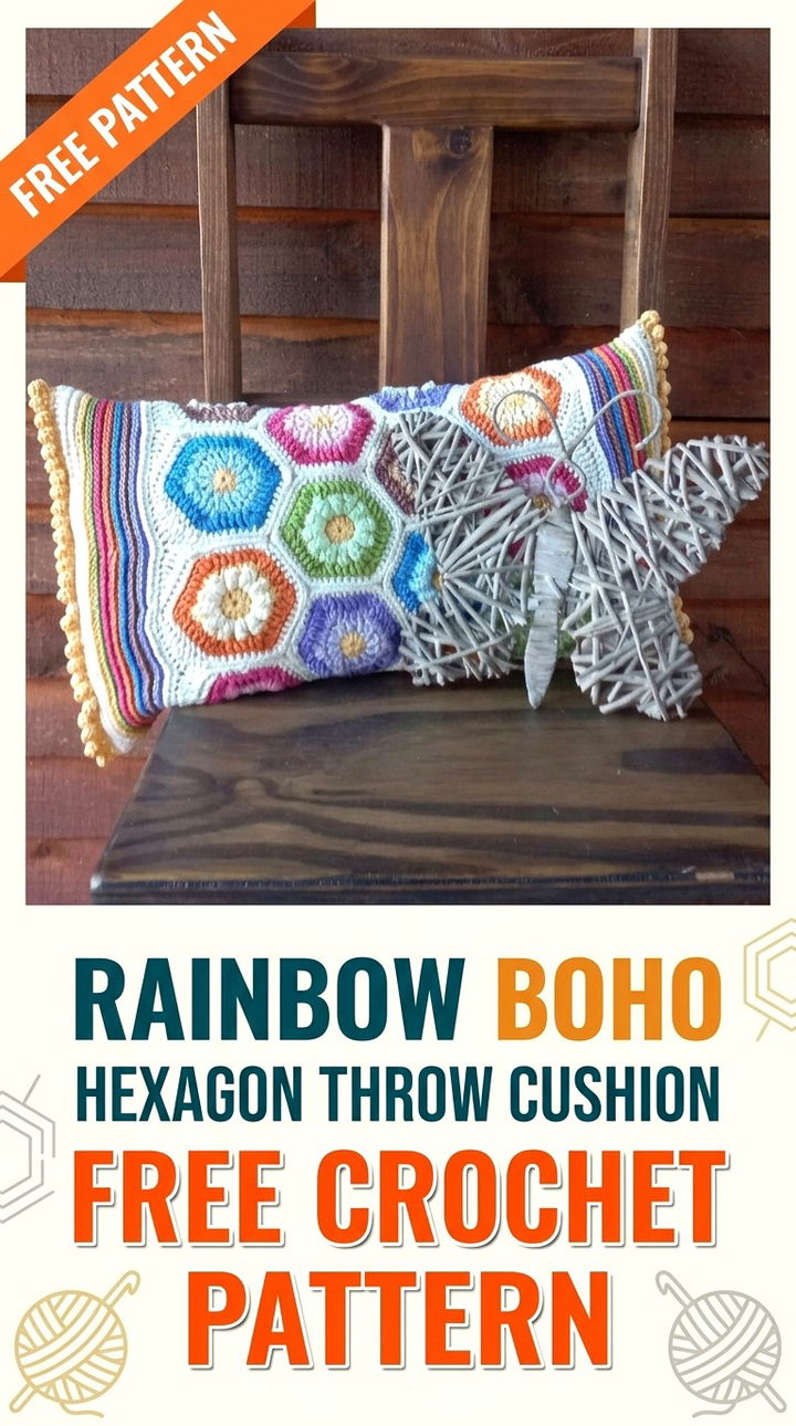 Rainbow Boho Hexagon Throw Cushion Vibrant Retro Chic Cozy Geometry