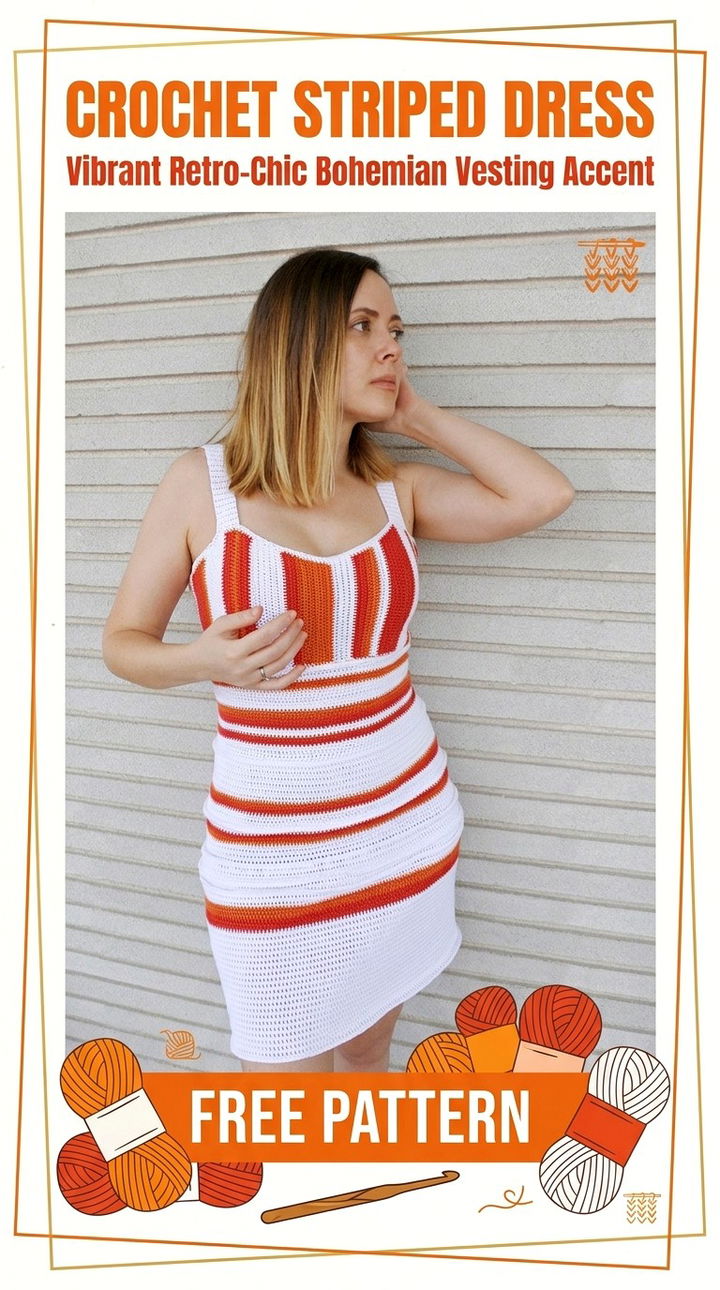 Crochet Striped Dress Vibrant Retro Chic Bohemian Vesting Accent