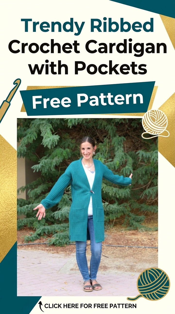 Trendy Ribbed Crochet Cardigan with Pockets Free Pattern