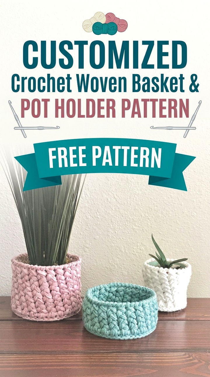 A Customized Crochet Woven Basket Pot Holder Pattern Vibrant Retro Chic Textured Utility Accent