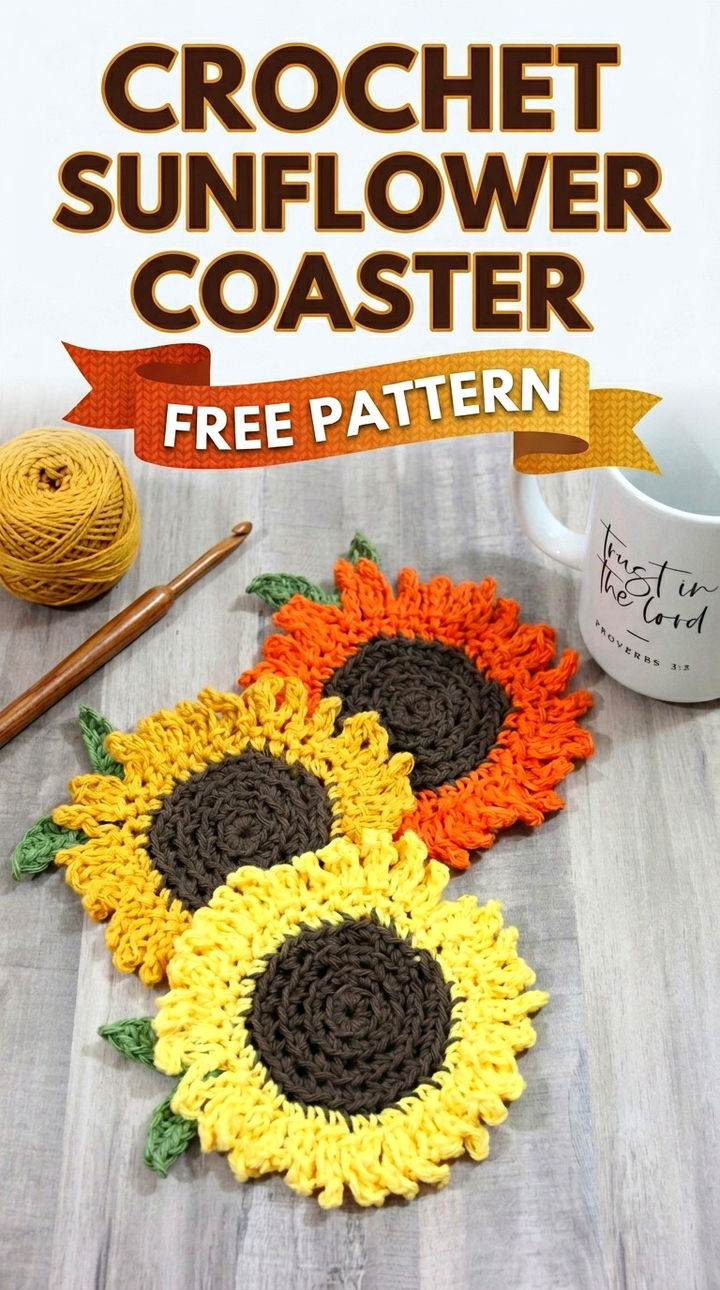 Crochet Sunflower Coaster Bright Bohemian Table Decor