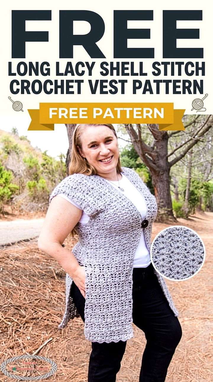 Breezy Layering Style Free Easy Long Lacy Shell Stitch Crochet Vest Pattern