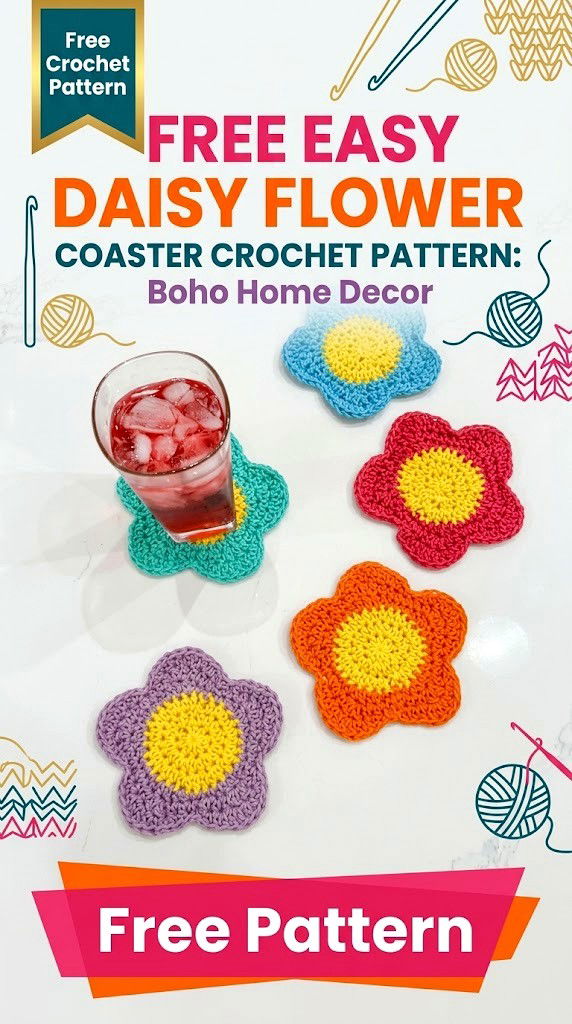 Free Easy Daisy Flower Coaster Crochet Pattern Boho Home Decor
